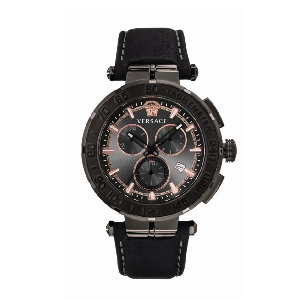 Greca Chrono Montre Chronographe en Cuir Noir