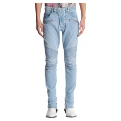 Light blue denim biker jeans