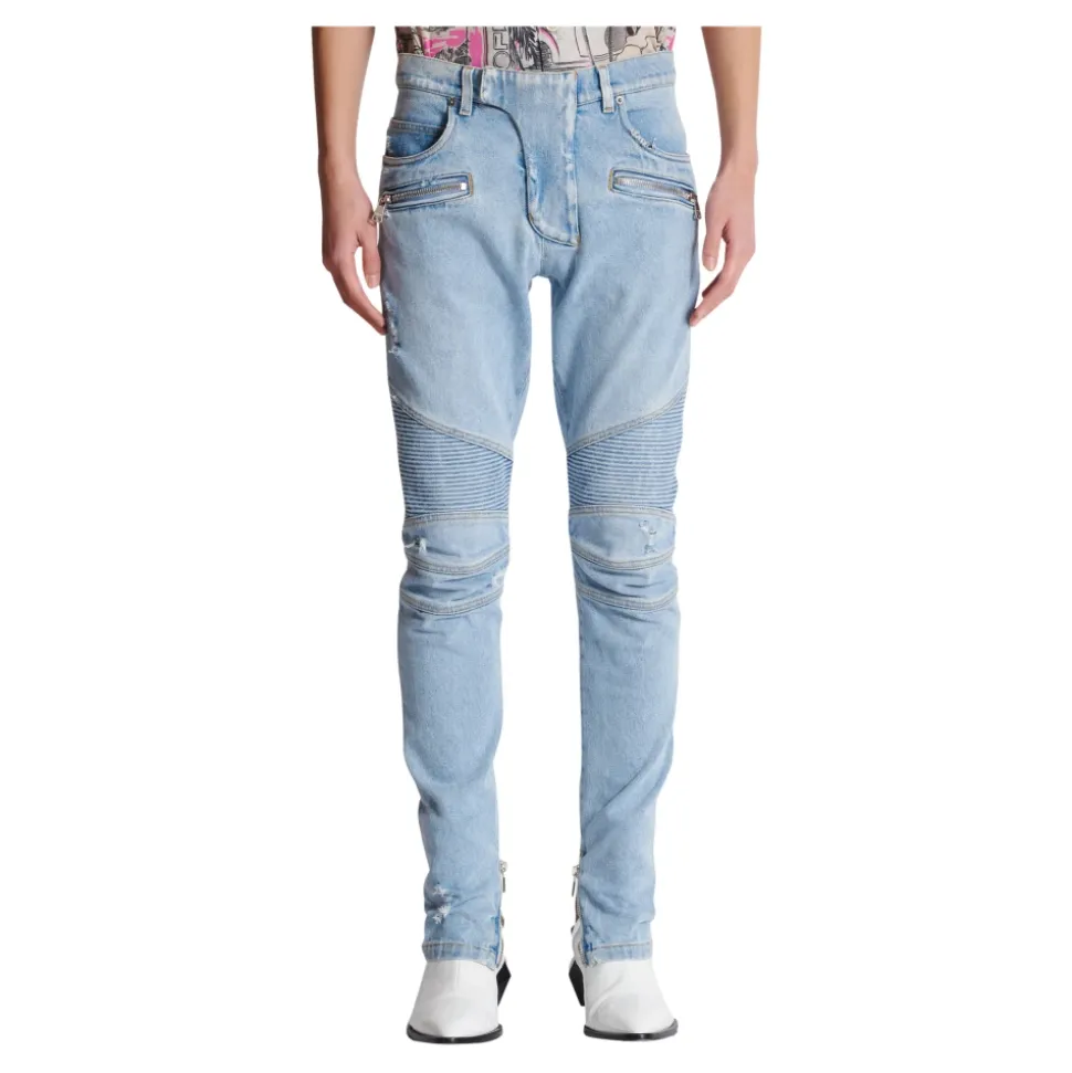 Light blue denim biker jeans