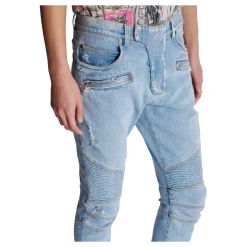 Light blue denim biker jeans