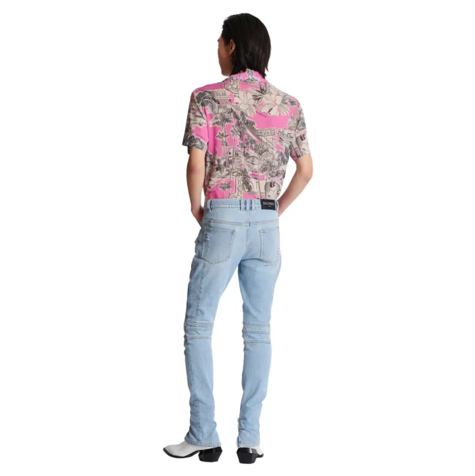 Light blue denim biker jeans