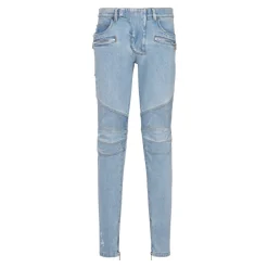 Light blue denim biker jeans