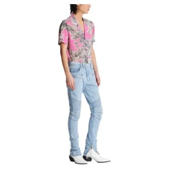 Light blue denim biker jeans