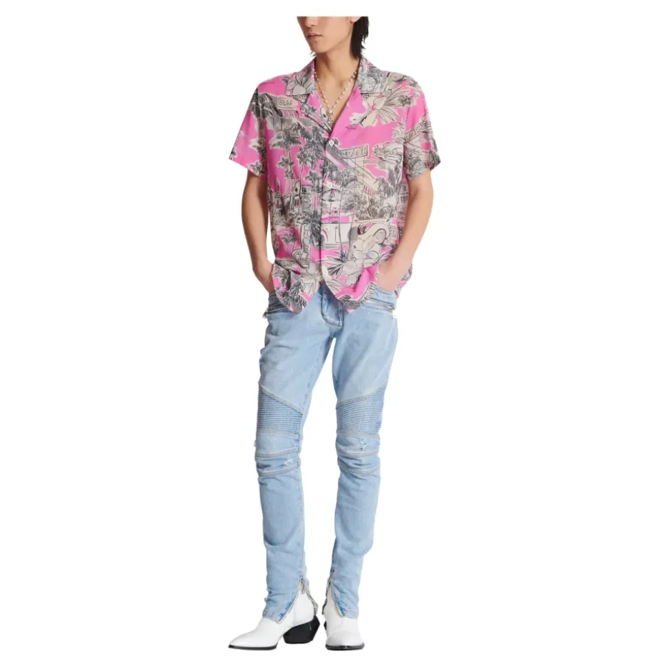 Light blue denim biker jeans