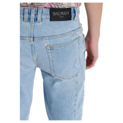 Light blue denim biker jeans