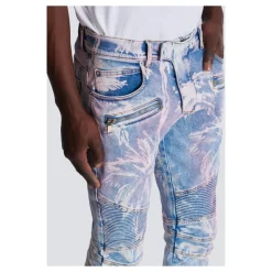 Palm Tree Print Biker Jeans
