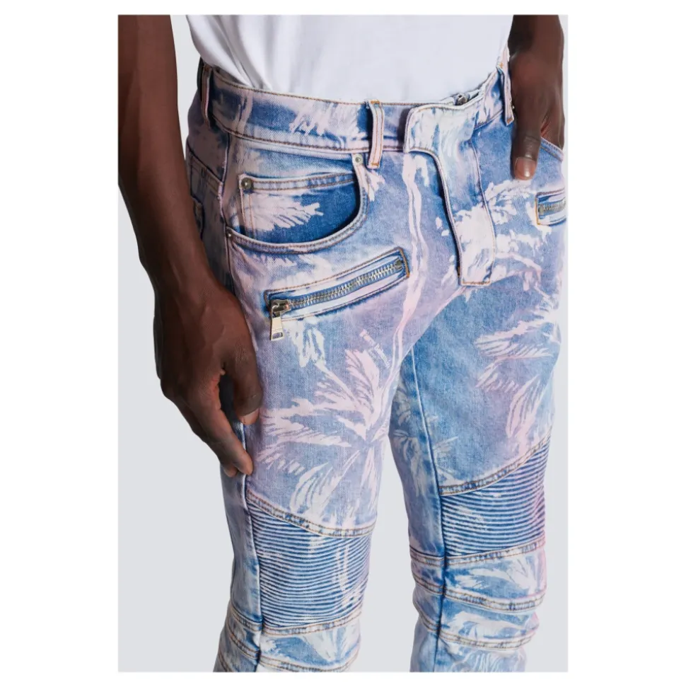 Palm Tree Print Biker Jeans