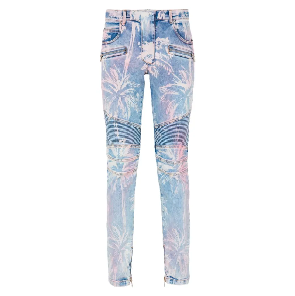 Palm Tree Print Biker Jeans