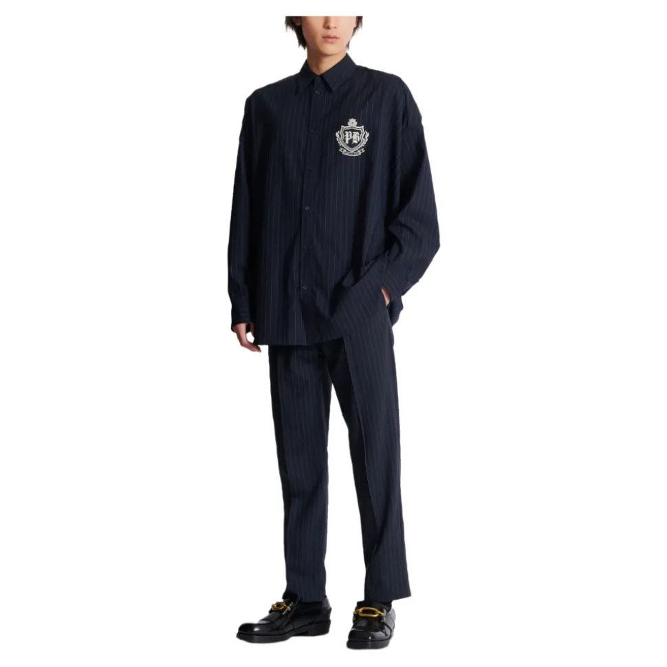 Pantalon droit en laine à rayures