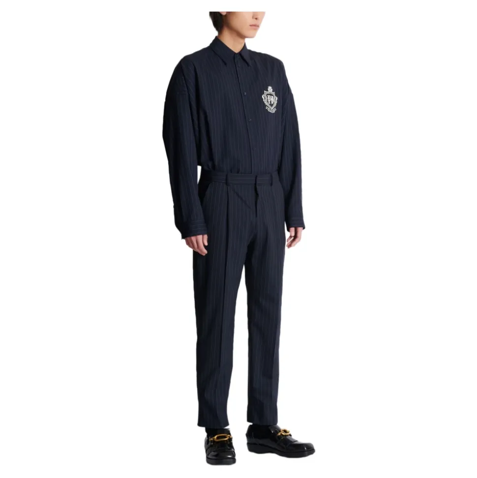 Pantalon droit en laine à rayures