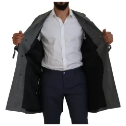 Trenchcoat Gris à Carreaux, Style Élégant