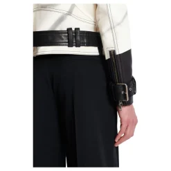 Veste biker en cuir imprimé T-shirt trompe-l'œil