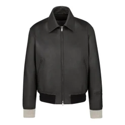 Veste en Cuir Noir Bordures Côtelées Fermeture Éclair