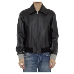Veste en Cuir Noir Bordures Côtelées Fermeture Éclair